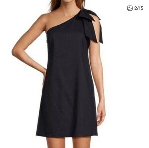 Antonio Melanie Linen Blend Little Black Dress Mini One Shoulder Exagerated Bow